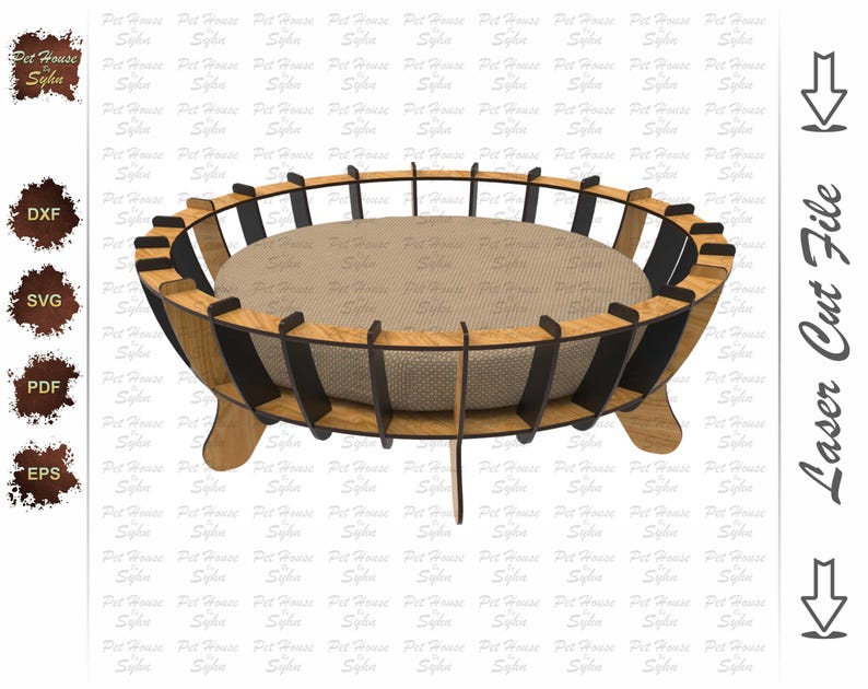 K&ouml;nnte beinhalten: Ein Holzbett f&uuml;r Haustiere mit einem schwarzen und braunen Design. Das Bett hat eine runde Matratze und drei Beine.