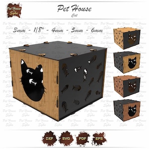 Puede incluir: Una casa para gatos de madera con una silueta de gato negro y un diseño de espinas de pescado. La casa está disponible en espesores de 3 mm, 4 mm, 5 mm y 6 mm. El texto "Pet House Cat" está impreso en la parte superior de la casa.