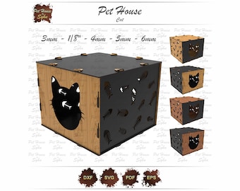 Archivo de corte láser para casita de gatos: puerta con forma de cabeza de gato y patrón de espina de pescado.