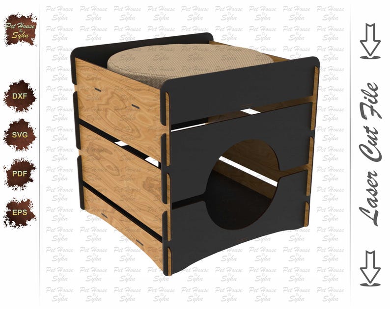 Puede incluir: Una casa para gatos de madera con marco negro y coj&iacute;n beige. La casa para gatos tiene una abertura circular y est&aacute; hecha de madera en capas. El dise&ntilde;o es adecuado para corte por l&aacute;ser. El texto "Laser Cut File" es visible.