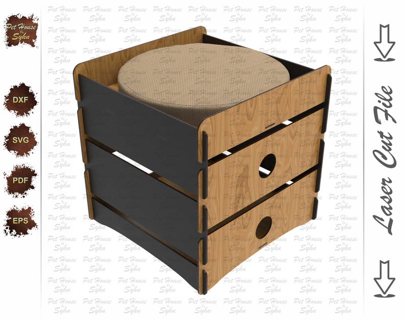 Puede incluir: Una casa para mascotas de madera en tonos marr&oacute;n claro, negro y beige. La casa tiene forma cuadrada con una abertura circular lateral y una parte superior acolchada. El texto "Pet House Sylin" es visible en la parte superior izquierda.