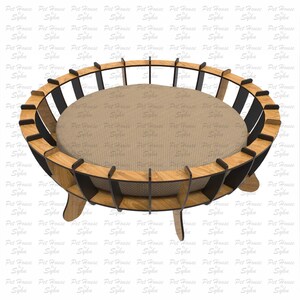 K&ouml;nnte beinhalten: Ein Holzbett f&uuml;r Haustiere mit einem schwarzen und braunen Design. Das Bett hat eine runde, gepolsterte Oberseite und drei Beine. Das Bett ist so konzipiert, dass es mit einem Laserschneider zusammengebaut werden kann.