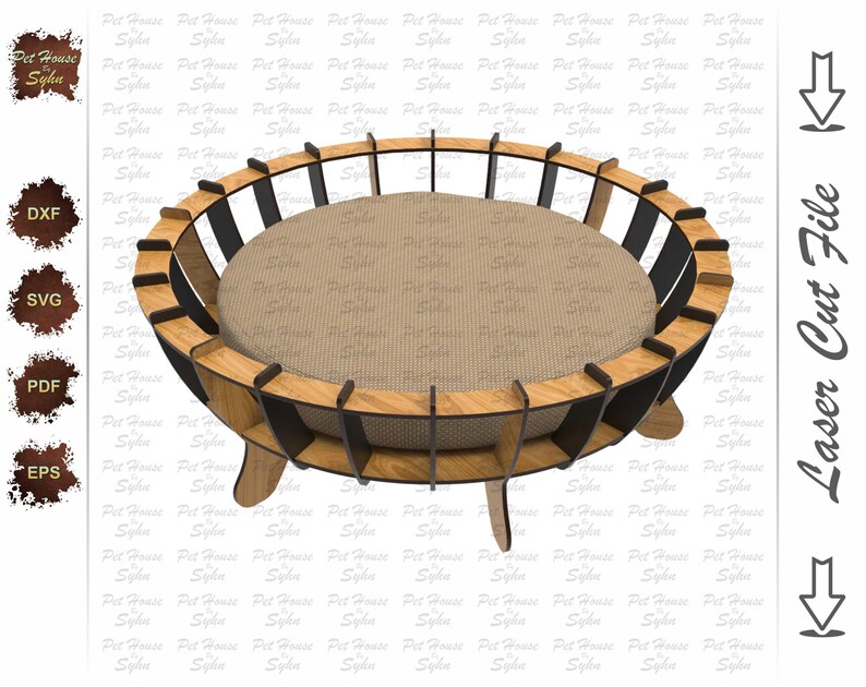 K&ouml;nnte beinhalten: Ein Holzbett f&uuml;r Haustiere mit einem schwarzen und braunen Design. Das Bett hat eine runde, gepolsterte Oberseite und drei Beine. Das Bett ist so konzipiert, dass es mit einem Laserschneider zusammengebaut werden kann.