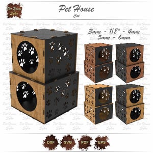 May include: A two-tiered cat house made of wood with paw print designs. The house is available in two sizes: 3mm - 1/8" - 4mm and 5mm - 6mm.