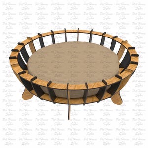 K&ouml;nnte beinhalten: Ein Holzbett f&uuml;r Haustiere mit einem schwarz-braunen Streifenmuster. Das Bett hat eine runde Matratze und vier Beine.