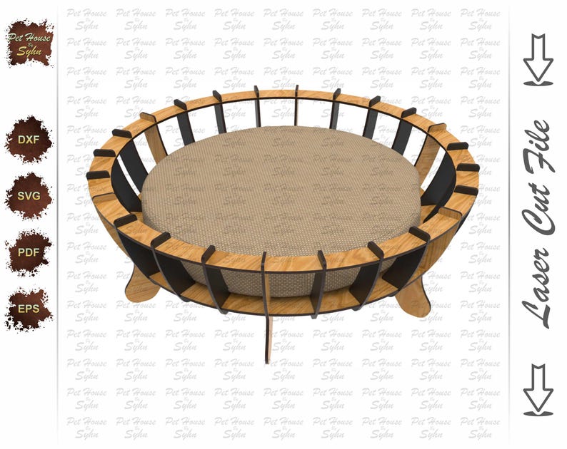 K&ouml;nnte beinhalten: Ein Holzbett f&uuml;r Haustiere mit einem schwarz-braunen Streifenmuster. Das Bett hat eine runde Matratze und vier Beine.