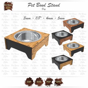 May include: Wooden pet bowl stands with stainless steel bowls. The stands are available in various wood tones and black accents. The text on the image reads "Pet Bowl Stand Dog" and lists sizes in inches and millimeters.