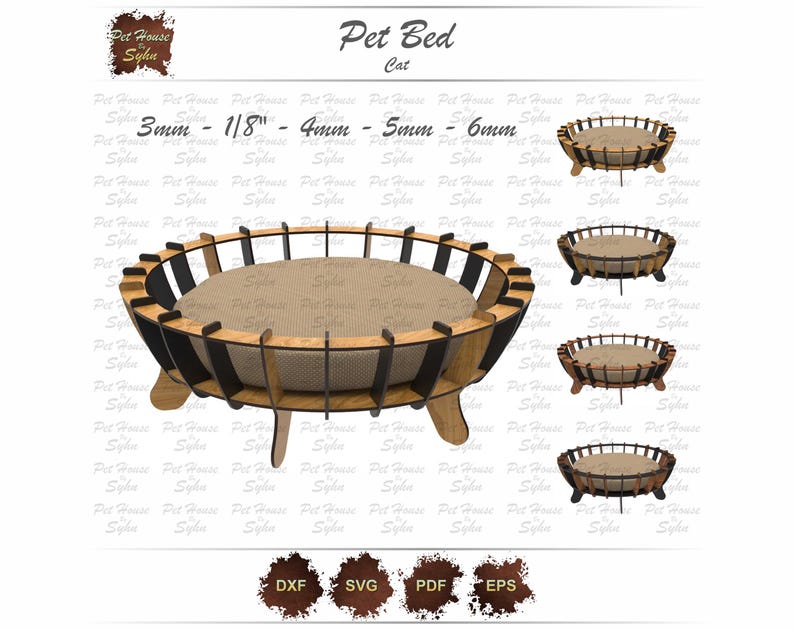 K&ouml;nnte beinhalten: Ein Katzenbett aus Holz mit einem braunen Kissen. Das Bett ist aus Sperrholz gefertigt und hat eine abgerundete Form. Das Bett ist in vier verschiedenen St&auml;rken erh&auml;ltlich: 3 mm, 1/8 Zoll, 4 mm, 5 mm und 6 mm.