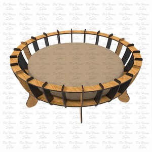 K&ouml;nnte beinhalten: Ein Holzbett f&uuml;r Haustiere mit schwarzem Rahmen und beigefarbenem Kissen. Das Bett ist f&uuml;r den Zusammenbau mit einem Laserschneider konzipiert.
