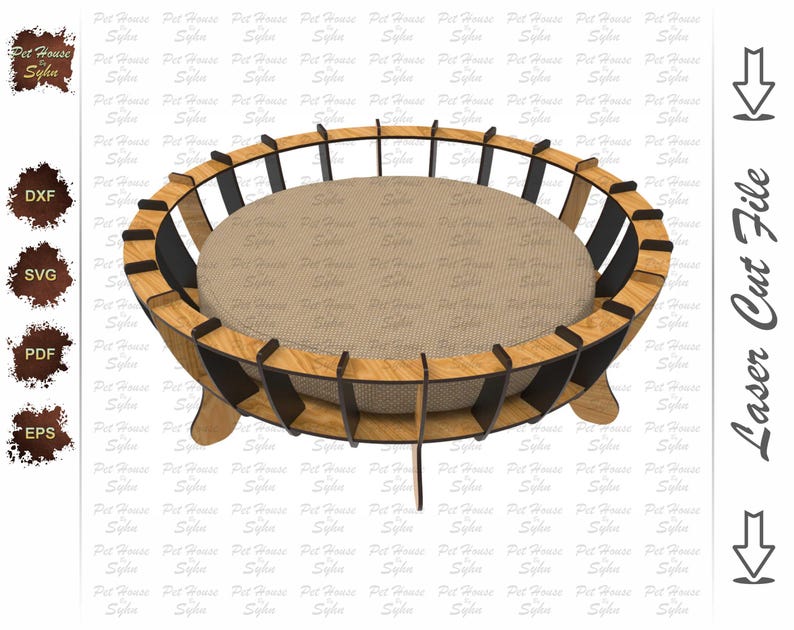 K&ouml;nnte beinhalten: Ein Holzbett f&uuml;r Haustiere mit schwarzem Rahmen und beigefarbenem Kissen. Das Bett ist f&uuml;r den Zusammenbau mit einem Laserschneider konzipiert.