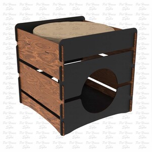 Puede incluir: Una casa de madera para mascotas con un marco negro y un coj&iacute;n beige en la parte superior. La casa tiene una abertura circular en un lado y est&aacute; dise&ntilde;ada para corte por l&aacute;ser. El texto "Pet House Sylin" es visible.