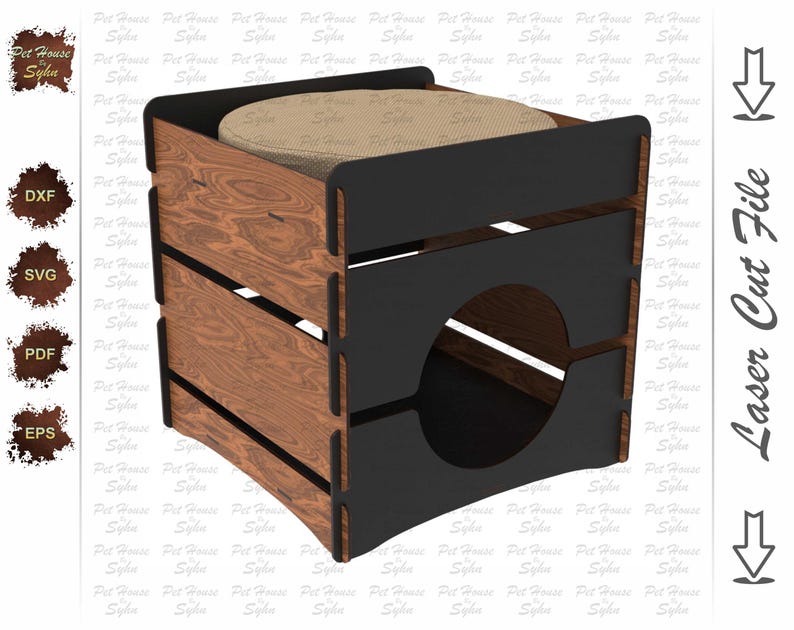Puede incluir: Una casa de madera para mascotas con un marco negro y un coj&iacute;n beige en la parte superior. La casa tiene una abertura circular en un lado y est&aacute; dise&ntilde;ada para corte por l&aacute;ser. El texto "Pet House Sylin" es visible.