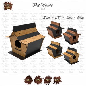 Puede incluir: Cinco diseños de casas para pájaros de diferentes tamaños, que van desde 3 mm hasta 5 mm. Las casas para pájaros están hechas de madera con un patrón de rayas negras y marrones. Las casas para pájaros están todas mirando hacia la cámara.