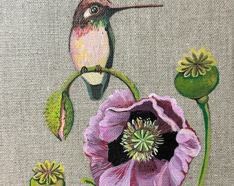 Hummingbird with red poppies original painting wall art