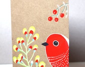 Red Bird-Greeting Card- Birthday Card- Art Gift-Wall Art- Original Painting-Flowers