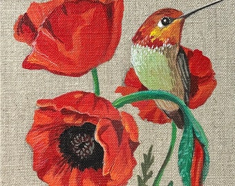 Hummingbird with red poppies original painting wall art