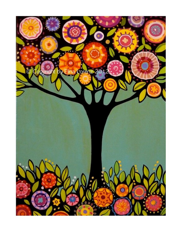 Items similar to Tree folk art tree with flowers print from original