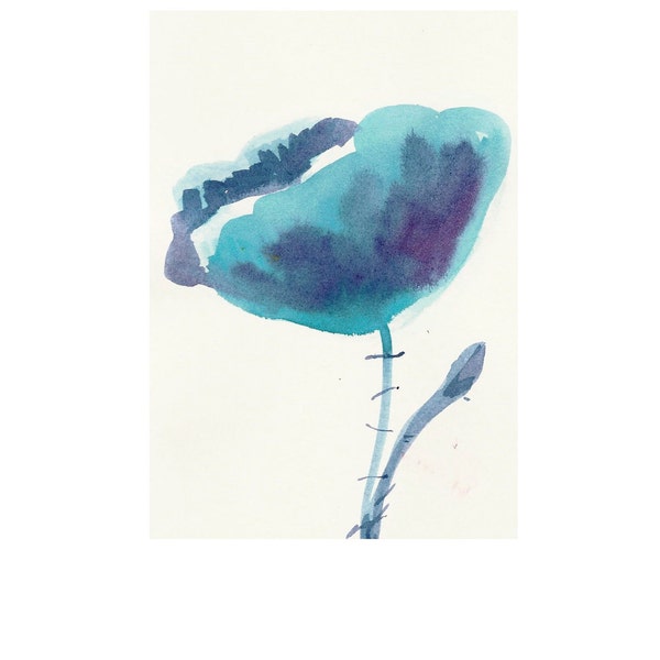 Organic Art Original watercolor painting of a Blue poppy by Elina Lorenz, room decor, wall art