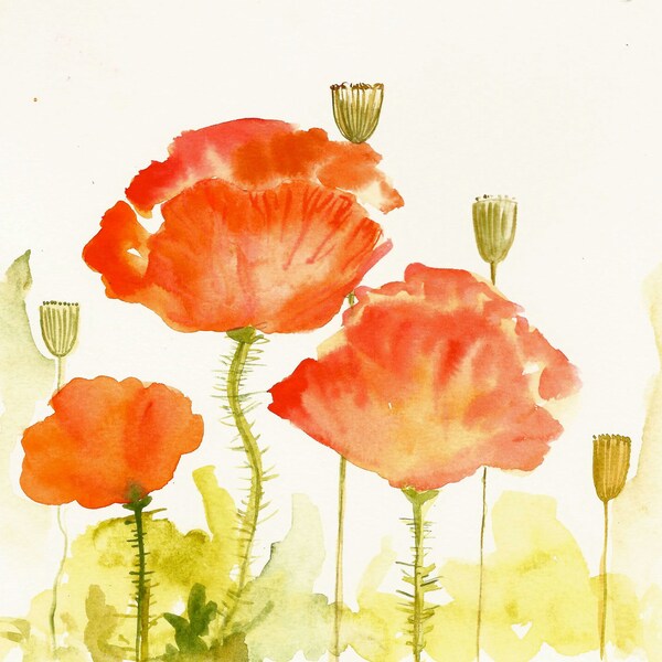 Original Organic not a print watercolor painting of red poppies by Elina Lorenz