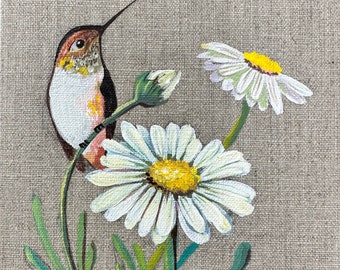 Hummingbird with daisies. Original painting