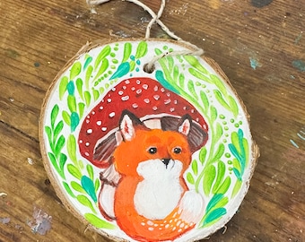 Hand painted wooden ornament of an Fox