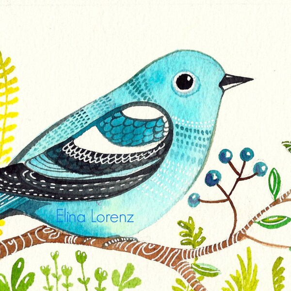 Blue Bird of happiness, original art, nursery, living room office decor, art gift