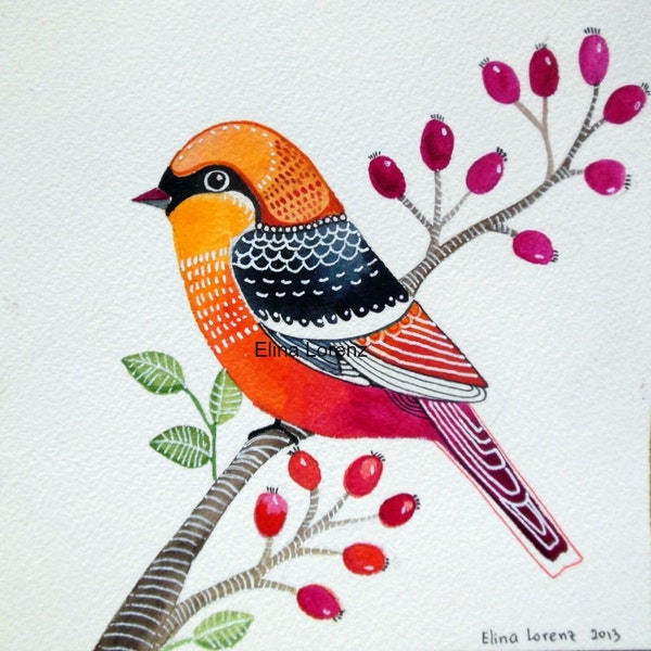 Pájaro de arte - Gift para decoración bebé - vivero-impresión de Acuarela Original pintura - habitación decoración /orange rojo