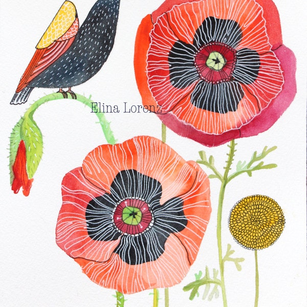 Original Watercolor / Bird Art / Wall Art / Room Decor / Oriental Red Poppies / Flowers / Gift / Nursery Art