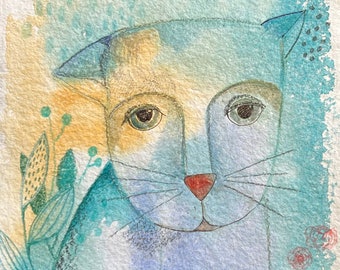 Blue cat Original Watercolor Painting