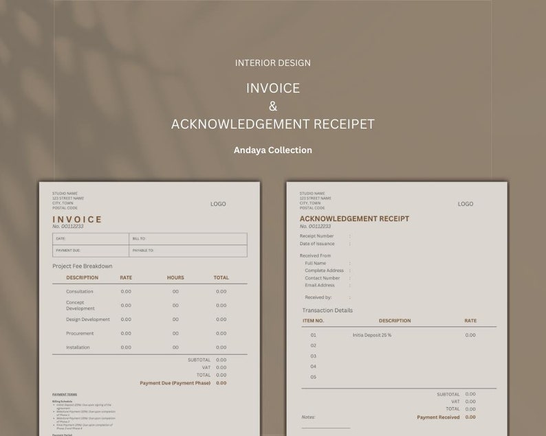 Interior Design Invoice & Acknowledgement Receipt - Etsy
