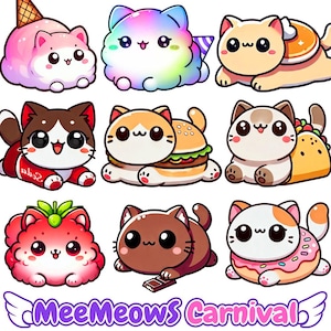 MeeMeows Carnival Treats pack, Aphmau Cute Cats clipart, MeeMeow, Donut, Cotton candy, Soda, Taco, Burger, PNG images, Stickers, fan art