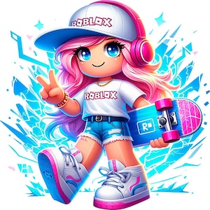 Roblox、PNG、Robloxガール、スケートボードを持つクールなゲーマーガール、Robloxのかわいいキャラクター、Tシャツキッズプリント、高解像度画像、デジタルデザイン