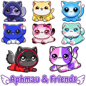 MeeMeows Aphmau & Friends-pakket, schattige katten clipart, MeeMeow, Aaron, Ein, KC, Zane, Mac, Kim, Aphmau-vrienden, png-afbeeldingen, stickers, fanart