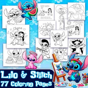 Films Lilo & Stitch, 77 pages à colorier Disney, coloriage pour enfants, livre d'art pour enfants, feuilles de coloriage numériques imprimables, point d'anniversaire