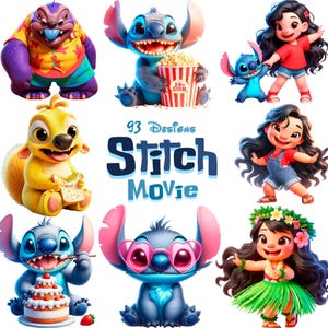 Lilo i Stitch: Film. Zestaw Stitch PNG, Uroczy Lilo i Stitch, Realistyczny zestaw obrazów filmowych, Clipart 3D, Kreskówka, Cyfrowe projekty koszulek