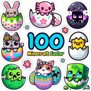 Minecraft Easter, Cute PNG images, Easter Eggs, Creeper, Axolotl, Rabbit. Minecraft Stickers, Cartoon Movie Character Bundle, video game art