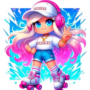 Roblox、PNG、Robloxガール、ピンクのローラースケートを履いたゲーマーガール、Robloxのかわいいキャラクター、Tシャツの子供用プリント、高解像度画像デジタルデザイン