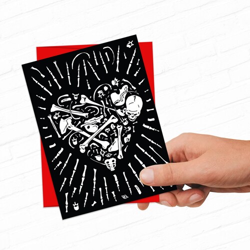 Human Bones Heart Printable Valentine Black Skeleton Anatomy Macabre Goth Gothic Dark Anti Creepy Weird Valentine Digital Download Card