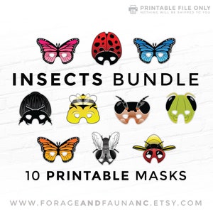 Bug & Insect Bundle of 10 PRINTABLE Costume Masks Fly Butterfly Ladybug Beetle Bumble Bee Grasshopper Cricket Firefly Lightning Bug Moth