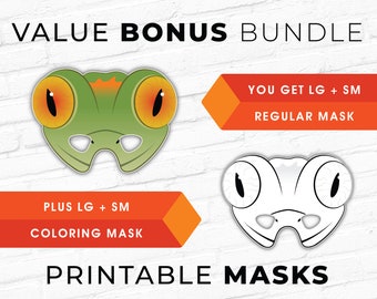 Gekkomasker-voordeelbundel! Volledige kleur- en kleurversies Hagedis Dierenmaskers Halloweenkostuum Reptiel Herper Papieren masker Activiteitspagina Kinderen