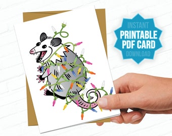 Printable Possum Christmas Card, Opossum with Christmas Lights, Fairy Lights, Hand Drawn Illustration Cartoon, Marsupial, Possum Lover