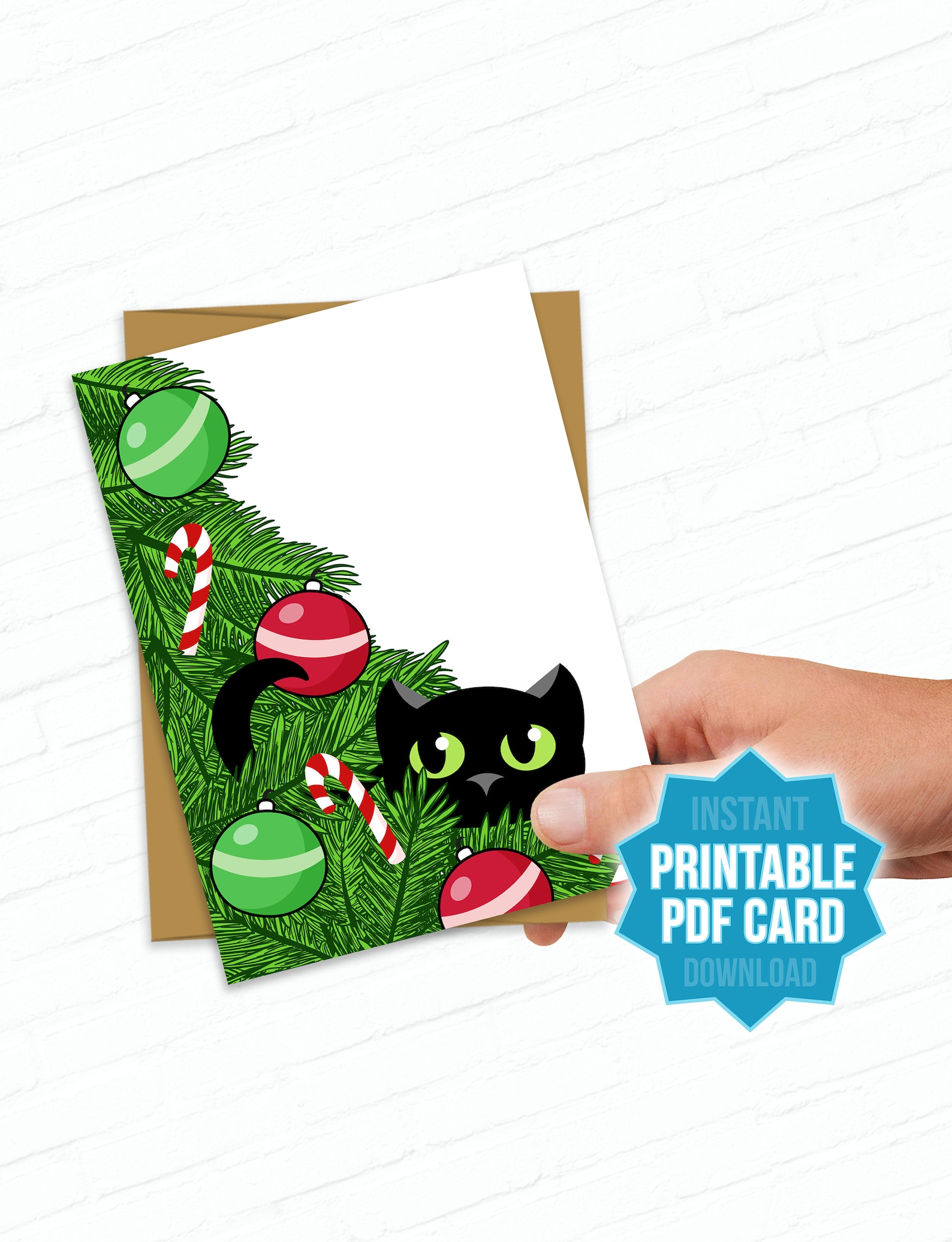 Printable Cat Card, Cat Christmas Card, Printable Christmas Cards, Hand ...