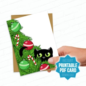 Druckbare Katzenkarte, Katze Weihnachtskarte, druckbare Weihnachtskarten, von Hand gezeichnet, schwarze Katze im Weihnachtsbaum, schwarze Katze Weihnachten illustriert