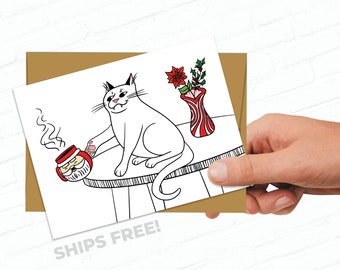 Mischievous White Cat Funny Illustrated Christmas Card Kitty Holiday Hand Drawn Illustrated Greeting Cat Knocking Over Santa Mug Cat Lover