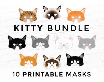 ¡Paquete de máscaras de gatito! 10 diseños de máscaras de gato Kitty Máscaras de Halloween Photo Booth Prop Negro Blanco Naranja Tabby Siamés Ragdoll Tuxedo Cats