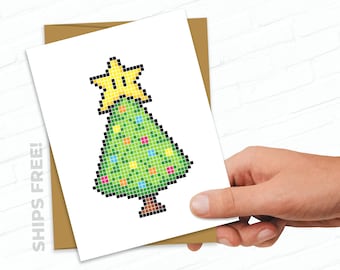 Pixel Art Christmas Card Ships FREE Retro Holiday Greeting Christmas Tree 8-Bit Video Game Computer Greeting Card Nerdy Geeky Holiday Card