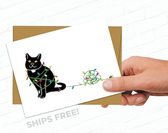 Black Kitty Cat Christmas Holiday Card - Smiling Black White Cat Tangled in Xmas Lights
