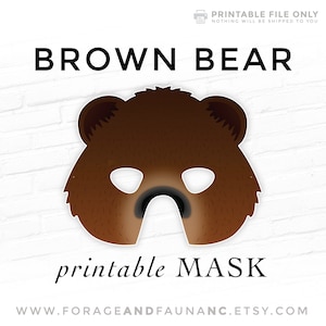 Brown Bear Printable Animal Mask, Woodland Animals, Grizzly, Kodiak, Birthday Party Mask, Halloween Costume, Fairy Tale Photo Booth Props
