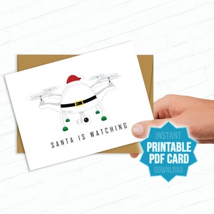 Cartão imprimível Santa Drone está assistindo cartão de Natal inteligente feriado engraçado conjunto exclusivo de cartões de Natal Tecnologia Geek Cartões de tecnologia futuristas