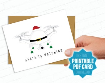 Printable Card Santa Drone is Watching Clever Christmas Card Funny Holiday Unique Christmas Card Set Geek Technology Futuristic Tech Cards